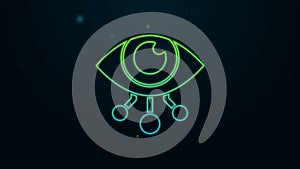 Glowing neon line Eye scan icon isolated on black background. Scanning eye. Security check symbol. Cyber eye sign. 4K