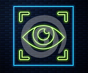 Glowing neon line Eye scan icon isolated on brick wall background. Scanning eye. Security check symbol. Cyber eye sign