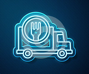 Glowing neon line Fast round the clock delivery by car icon isolated on blue background. Vector Illustration