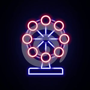 Glowing neon line Ferris wheel icon isolated on brick wall background. Amusement park. Childrens entertainment