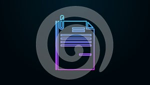 Glowing neon line File document and paper clip icon isolated on black background. Checklist icon. Business concept. 4K