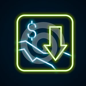 Glowing neon line Financial growth decrease icon isolated on black background. Increasing revenue. Colorful outline