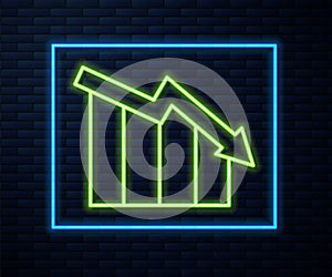Glowing neon line Financial growth decrease icon isolated on brick wall background. Increasing revenue. Vector