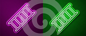 Glowing neon line Fire escape icon isolated on purple and green background. Pompier ladder. Fireman scaling ladder with photo