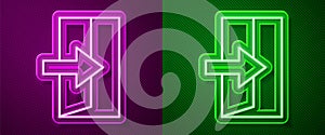 Glowing neon line Fire exit icon isolated on purple and green background. Fire emergency icon. Vector