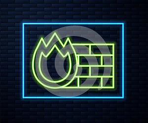 Glowing neon line Firewall, security wall icon isolated on brick wall background. Vector