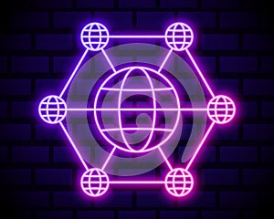 Glowing neon line Firewall, security wall icon isolated on brick wall background. Vector Illustration