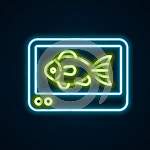 Glowing neon line Fish finder echo sounder icon isolated on black background. Electronic equipment for fishing. Colorful