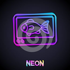 Glowing neon line Fish finder echo sounder icon isolated on black background. Electronic equipment for fishing. Vector