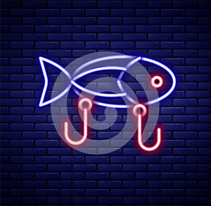 Glowing neon line Fishing lure icon isolated on brick wall background. Fishing tackle. Colorful outline concept. Vector