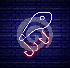 Glowing neon line Fishing lure icon isolated on brick wall background. Fishing tackle. Colorful outline concept. Vector