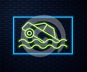 Glowing neon line Flood car icon isolated on brick wall background. Insurance concept. Flood disaster concept. Security