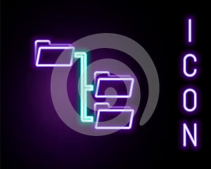 Glowing neon line Folder tree icon isolated on black background. Computer network file folder organization structure