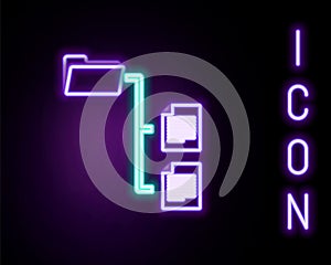 Glowing neon line Folder tree icon isolated on black background. Computer network file folder organization structure
