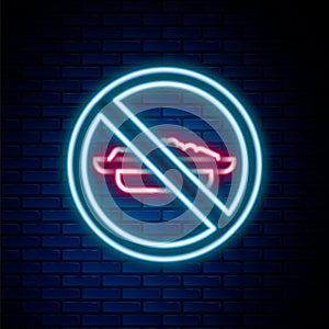 Glowing neon line Food no diet icon isolated on brick wall background. Healing hunger. Colorful outline concept. Vector