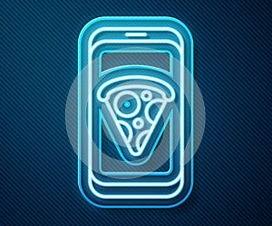 Glowing neon line Food ordering pizza icon isolated on blue background. Order by mobile phone. Restaurant food delivery