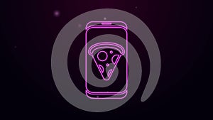 Glowing neon line Food ordering pizza icon isolated on purple background. Order by mobile phone. Restaurant food