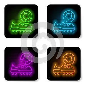 Glowing neon line Football shoes icon isolated on white background. Soccer boots. Sport football foot protection. Black