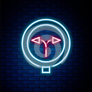 Glowing neon line Fork in the road icon isolated on brick wall background. Colorful outline concept. Vector