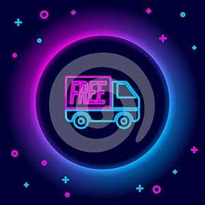 Glowing neon line Free delivery service icon isolated on black background. Free shipping. 24 hour and fast delivery