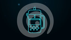 Glowing neon line French press icon isolated on black background. 4K Video motion graphic animation