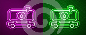 Glowing neon line Fuel tanker truck icon isolated on purple and green background. Gasoline tanker. Vector