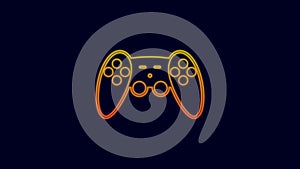 Glowing neon line Gamepad icon isolated on blue background. Game controller. 4K Video motion graphic animation