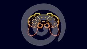 Glowing neon line Gamepad icon isolated on blue background. Game controller. 4K Video motion graphic animation