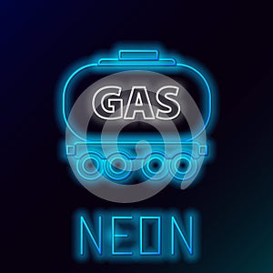 Glowing neon line Gas railway cistern icon isolated on black background. Train gasoline tank on railway car. Rail