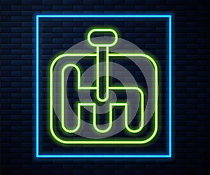 Glowing neon line Gear shifter icon  on brick wall background. Transmission icon. Vector Illustration