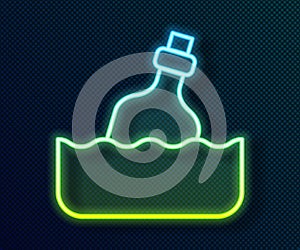 Glowing neon line Glass bottle with a message in water icon isolated on black background. Letter in the bottle. Pirates