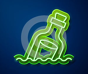 Glowing neon line Glass bottle with a message in water icon isolated on blue background. Letter in the bottle. Pirates