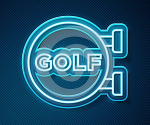 Glowing neon line Golf sport club icon isolated on blue background. Vector