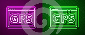 Glowing neon line Gps device with map icon isolated on purple and green background. Vector Illustration