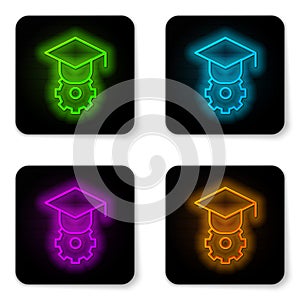 Glowing neon line Graduation cap icon isolated on white background. Graduation hat with tassel icon. Black square button