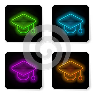 Glowing neon line Graduation cap icon isolated on white background. Graduation hat with tassel icon. Black square button