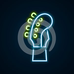 Glowing neon line Guitar neck icon isolated on black background. Acoustic guitar. String musical instrument. Colorful