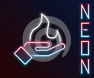 Glowing neon line Hand holding a fire icon isolated on black background. Colorful outline concept. Vector
