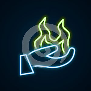 Glowing neon line Hand holding a fire icon isolated on black background. Colorful outline concept. Vector