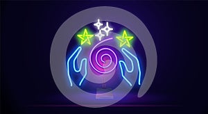 A glowing neon line of a hand holding a magic icon with sparkles and stars isolated on a dark background. Vector