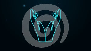 Glowing neon line Hands in praying position icon isolated on black background. Prayer to god with faith and hope. 4K