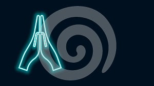 Glowing neon line Hands in praying position icon isolated on black background. Prayer to god with faith and hope. 4K