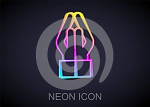 Glowing neon line Hands in praying position icon isolated on black background. Prayer to god with faith and hope. Vector