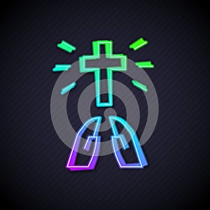 Glowing neon line Hands in praying position icon isolated on black background. Prayer to god with faith and hope. Vector