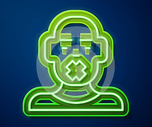 Glowing neon line Head of deaf and dumb guy icon isolated on blue background. Dumbness sign. Disability concept. Vector photo