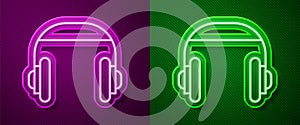 Glowing neon line Headphones icon isolated on purple and green background. Support customer service, hotline, call