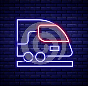 Glowing neon line High-speed train icon isolated on brick wall background. Railroad travel and railway tourism. Subway