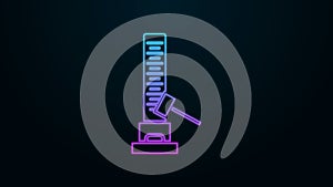 Glowing neon line High striker attraction with big hammer icon isolated on black background. Attraction for measuring