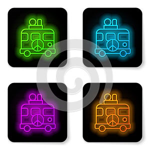 Glowing neon line Hippie camper van icon isolated on white background. Travel by vintage bus. Tourism, summer holiday