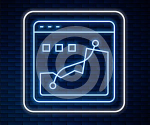 Glowing neon line Histogram graph photography icon isolated on brick wall background. Vector